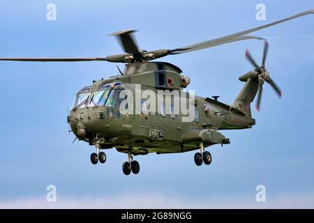 Ein Hubschrauber der Royal Air Force AgustaWestland Merlin HC.3, CN 50083, ZJ120, fliegt über das Trainingsgebiet der Salisbury Plain in Wiltshire, England, Großbritannien Stockfoto