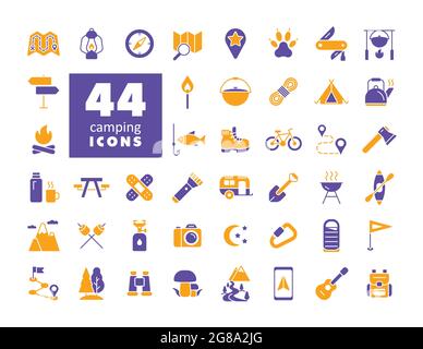 Camping, Wandern, Natur und Outdoor-Aktivitäten Glyphen Icons Set. Graph Symbol für Reise-und Tourismus-Website und Apps Design, Logo, App, UI Stock Vektor