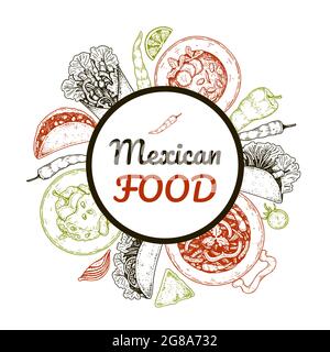 Mexikanisches Essen, handgezeichnetes Design. Vektorgrafik im Skizzenstil Stock Vektor
