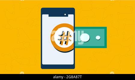 Illustration des Kryptowährungswechsels, von Bargeld über Kryptomünzen bis hin zum Smartphone Stock Vektor