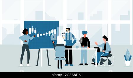 Professionelle Finanzberater und Mitarbeiter im Geschäftsumfeld arbeiten zusammen und beraten über Finanzen und Börse Stock Vektor