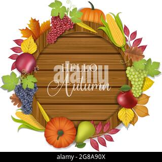 Hallo Herbst Holzbrett mit Früchten und Blättern Stock Vektor