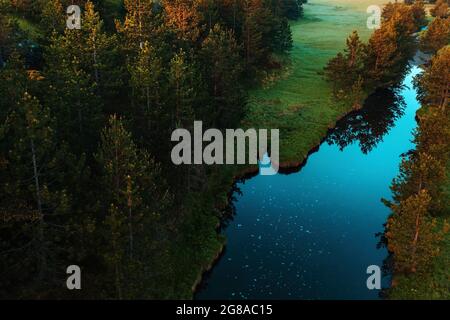 Luftaufnahme eines Bergbaches, der sich durch eine wunderschöne grasbewachsene Landschaft auf Zlatibor, Serbien schlängelt - Drohnenfotografie Stockfoto