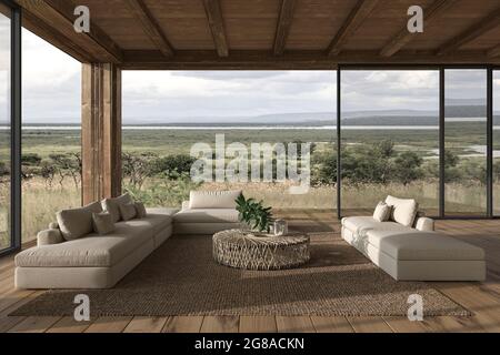 Modernes, offenes Wohnzimmer mit Inneneinrichtung. Große Fenster und Blick auf die Natur. Haus Terrasse 3d Rendering Illustration. Stockfoto