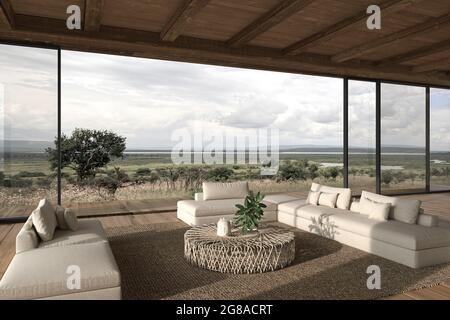 Modernes, offenes Wohnzimmer mit Inneneinrichtung. Große Fenster und Blick auf die Natur. Haus Terrasse 3d Rendering Illustration. Stockfoto