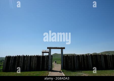 Nachbau in Fort Phil Kearny, Near Story, Wyoming, USA. Stockfoto