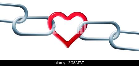 Die Stahlkette ist in dieser 3-d-Illustration über unzerbrechliche Liebe durch ein rotes herzförmiges Glied miteinander verbunden. Stockfoto