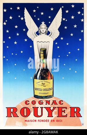 Cognac Rouyer. Unbekannter Interpret. Vintage-Werbung für Cognac. C 1945. Französisches Poster. „Maison Fondee en 1801“-Art-Deco-Poster. Silberne geflügelte Figur. Stockfoto