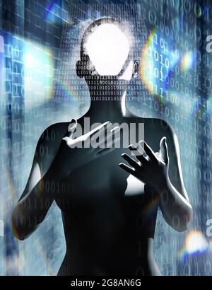 3d-Renderdarstellung einer weiblichen Roboterfigur, die auf dem Hintergrund des binären Codes im Cyberspace steht. Stockfoto