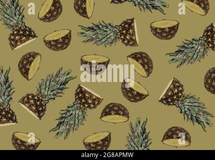 In Scheiben geschnittene Ananas auf einem trendigen hintergrund mit pantone-Weidenfarbe. Lustiges Muster tropischer Früchte. Minimales Sommerkonzept. Stockfoto