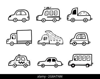 Doodle Car Set. Lustige Skizze Scribble Stil. Handgezeichnetes Spielzeug Auto Vektor Illustration. Stock Vektor