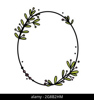 Vintage Kranzteiler mit handgezeichneten Blumen. Ovaler Doodle-Kranz mit farbigen Blättern und Blumen. Doodle Vektorgrafik isoliert in weiß Stock Vektor