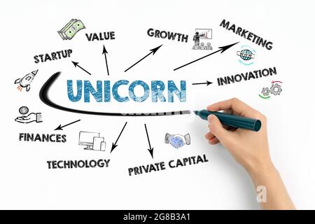 UNICORN, Geschäftskonzept. Diagramm mit Schlüsselwörtern und Symbolen auf weißem Hintergrund. Stockfoto