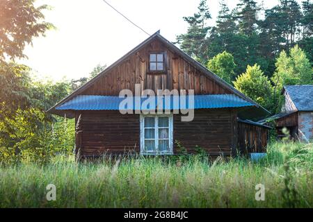 Altes, hölzernes Bauernhaus, gelegen auf dem Land, im Sommer zwischen den Bäumen. Krasnobród, Roztocze, Polen. Stockfoto