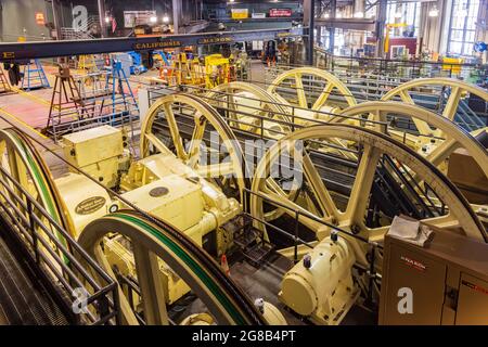 San Francisco, 22. MAI 2021 - Innenansicht des Cable Car Museums Stockfoto