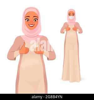 Lächelnde, schwanger muslimische Frau in Maske mit Daumen nach oben. Vektorgrafik. Stock Vektor