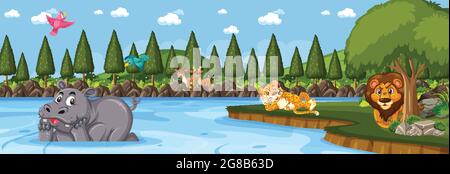 Waldpanorama bei Tagesaufnahme mit verschiedenen Wildtieren Illustration Stock Vektor