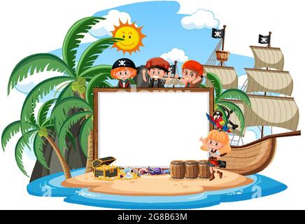 Viele Piraten Kinder auf der Insel mit leeren Banner Vorlage isoliert Illustration Stock Vektor