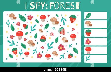 Ich spioniere Spiel. Pädagogischer Spaß für Kinder. Zählen Sie, wie viele Waldelemente vorhanden sind. Flach handgezeichnete Pilze, Erdbeeren, Blätter und Punkte. Natürliche Vektorvorlage Stock Vektor