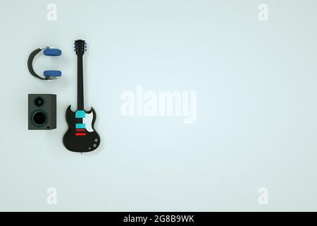 Isometrische Modelle von Gitarrenkopfhörern und Lautsprechern. Musikinstrumente, eine Reihe von Musikinstrumenten. E-Gitarre auf weißem Hintergrund. 3D-Grafik Stockfoto