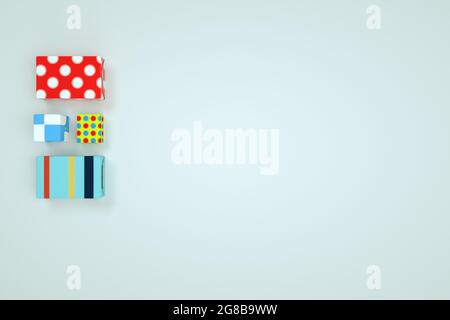 3D-Modelle von verpackten Geschenken. Festliche Verpackung mit Ornamenten, Geschenkschachteln, Geschenken. Computergrafiken, Weihnachtsboxen auf weißem Hintergrund Stockfoto