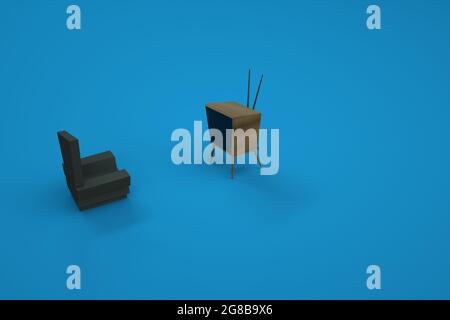 Modelle des Stuhls und TV. Möbel, Stuhl, Sofa. 3D-Grafiken von Möbeln. Computergrafiken. Isolierte Objekte auf blauem Hintergrund Stockfoto