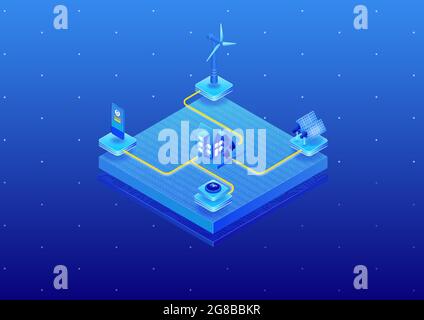 Smart Home mit dem Konzept erneuerbarer grüner Energie als isometrische 3D-Vektordarstellung. Solarpanel, Windturbine, um Energie für einen grünen Hou zu erzeugen Stock Vektor