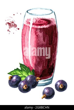 Ein Glas Johannisbeersaft und frische Schwarze Johannisbeerbeeren mit grünem Blatt. Aquarell handgezeichnete Illustration isoliert auf weißem Hintergrund Stockfoto