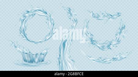 Set von realistischen transparenten Wasserspritzern, Wasserkrone, Wellen, Tropfen isoliert auf einem hellblauen transparenten Hintergrund. Vektorgrafik Stock Vektor