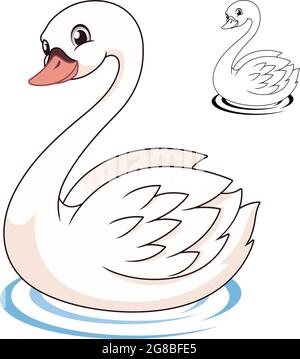 Schöner weißer Schwan, der im Wasser schwimmt, mit Linienkunstzeichnung, Tiervögeln, Vektor-Charakterillustration, Cartoon-Maskottchen-Logo in isoliertem Weiß. Stock Vektor