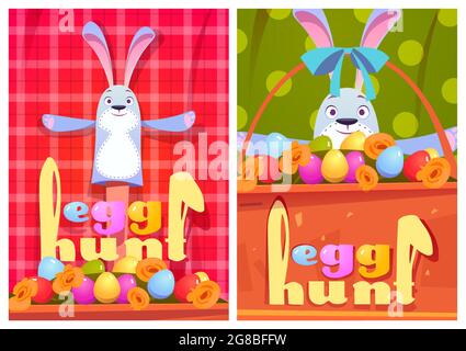 Eiersuche Cartoon-Poster mit Kaninchen und Eiern Stock Vektor