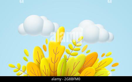 Hello Autumn 3d-Minimaldarstellung mit Herbstgelb, orangefarbenen Blättern und weißen Wolken auf blauem Hintergrund isoliert. der 3d-Herbst hinterlässt den Hintergrund für den Stock Vektor