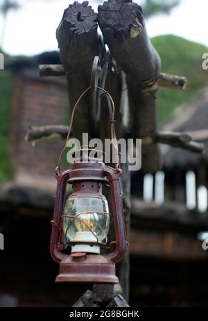 Vintage-Lampe, die an einem trockenen Baumstamm hängt Stockfoto