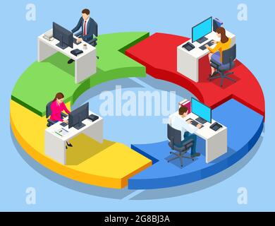 Isometrisches Expertenteam für Datenanalyse, Geschäftsstatistik, Management, Consulting, Marketing. Investitionen in Wertpapiere, intelligente Investitionen, strategisch Stock Vektor