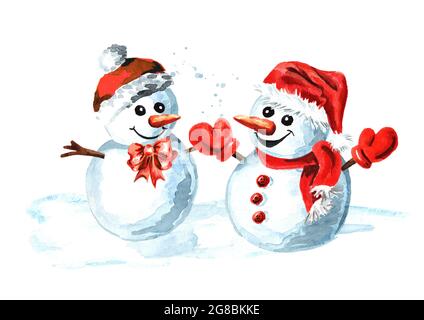 Zwei fröhliche Schneemänner in roten Mützen. Aquarell handgezeichnete Illustration isoliert auf weißem Hintergrund Stockfoto