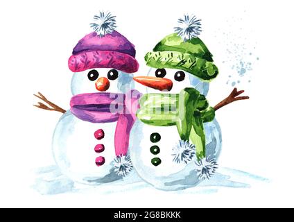Zwei fröhliche Schneemänner. Aquarell handgezeichnete Illustration isoliert auf weißem Hintergrund Stockfoto
