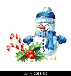 Fröhliche Weihnachten und Happy New Year dekorative Komposition mit Schneemann, Holly-Beere und Zuckerrohr. Aquarell handgezeichnete Illustration, isoliert auf wh Stockfoto