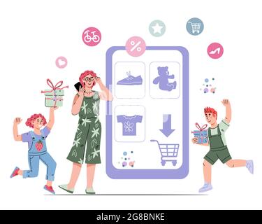 Happy Family kauft Dinge online, flache Cartoon-Vektor-Illustration isoliert auf weißem Hintergrund. Online-Shopping und E-Commerce, Konsumdenken. Online Stock Vektor