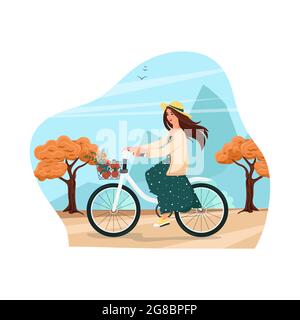 Mädchen in einem Hut und Kleid reitet ein Fahrrad, Herbstlandschaft. Frau auf einem Fahrrad trägt Äpfel in einem Korb. Vektorgrafik im Cartoon-Stil. Flach Stock Vektor