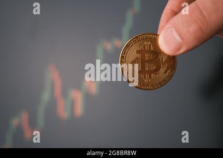 Bitcoin in hands im Hintergrund des Kurschart an der Börse. Stockfoto