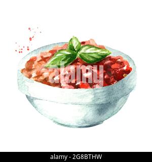 Sauce Bolognese in Schüssel. Aquarell handgezeichnete Illustration isoliert auf weißem Hintergrund Stockfoto