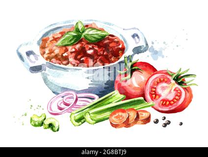 Sauce Bolognese in Schüssel und reife Tomaten. Aquarell handgezeichnete Illustration isoliert auf weißem Hintergrund Stockfoto