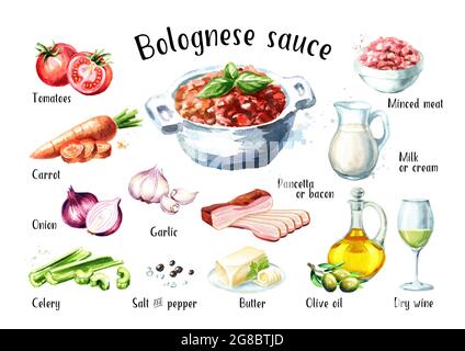 Bolognese Sauce Rezept Zutaten Set. Aquarell handgezeichnete Illustration isoliert auf weißem Hintergrund Stockfoto