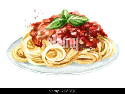 Spaghetti mit Sauce Bolognese. Aquarell handgezeichnete Illustration isoliert auf weißem Hintergrund Stockfoto