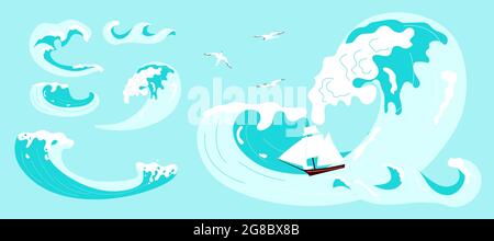 Set aus Meer- oder Meereswellen mit Spritzwasser, Schaumstoff auf Wappen. Abstrakte Akwamarin-Dekoration. Flache Grafik Als Vektorgrafik Stock Vektor