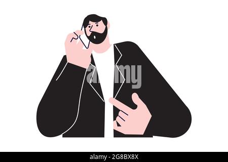 Ein junger Mann in schwarzem Anzug spricht mit dem Handy. Kommunikationskonzept auf weißem Hintergrund isoliert. Flache Grafik Als Vektorgrafik Stock Vektor