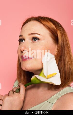 Hübsche Frau, die Calla Lily in der Nähe des Gesichts auf rosa isoliert hält Stockfoto