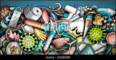 Handgezeichnetes Doodle-Banner mit Coronavirus. Cartoon Vektor detaillierter Flyer. Stock Vektor
