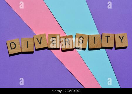 Vielfalt, Wort in Holzalphabet Buchstaben isoliert auf blauem, rosa und lila Hintergrund Stockfoto