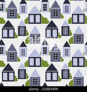 Niedliche Häuser nahtlose Muster, Vektor-Illustration. Babytapete, Hintergrund für Verpackung oder Innenarchitektur. Einfaches Stadtgebäude, kontinuierlicher Sturm Stock Vektor